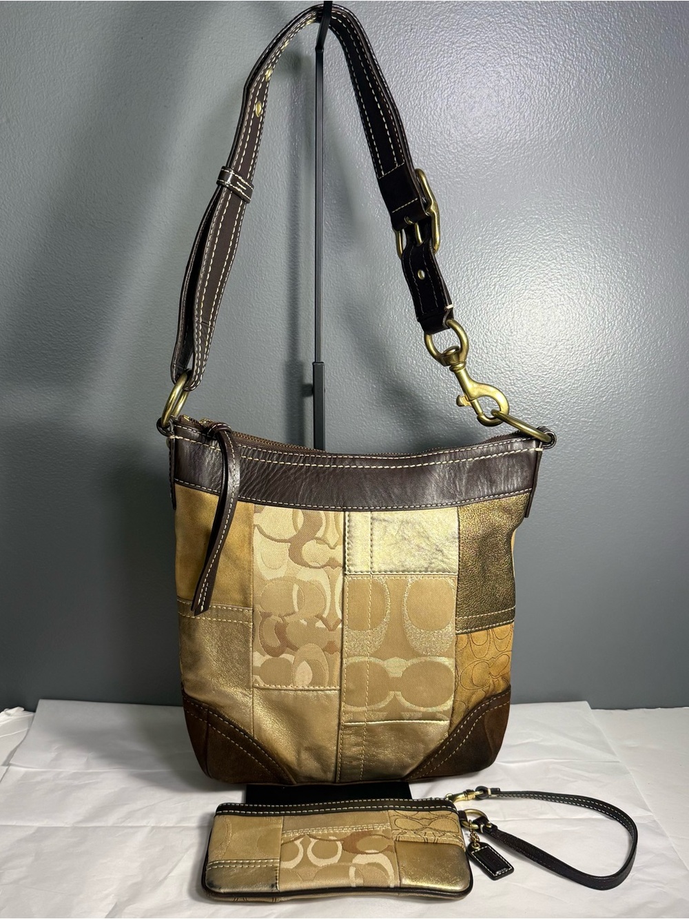 Vintage Coach Monogram Patchwork Brown Suede Gold Leather Shoulder Bag & Pouch